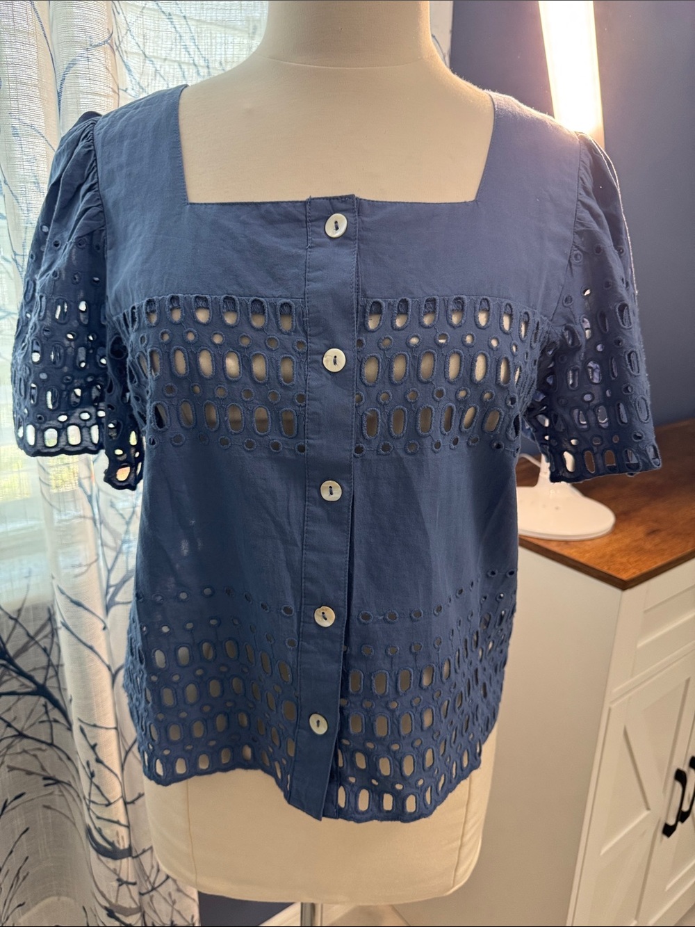 Lucky COCO - Women’s Navy Eyelet Button-Front Cotton Blouse